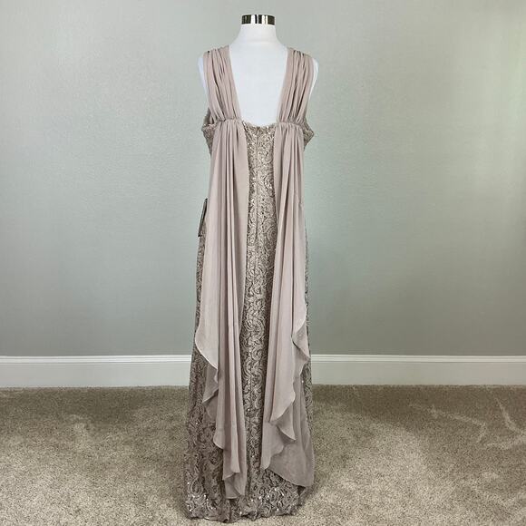 Alex Evenings Sequined Lace Draped Back Column Evening Gown Nude Brown Size 12 - Picture 2 of 13